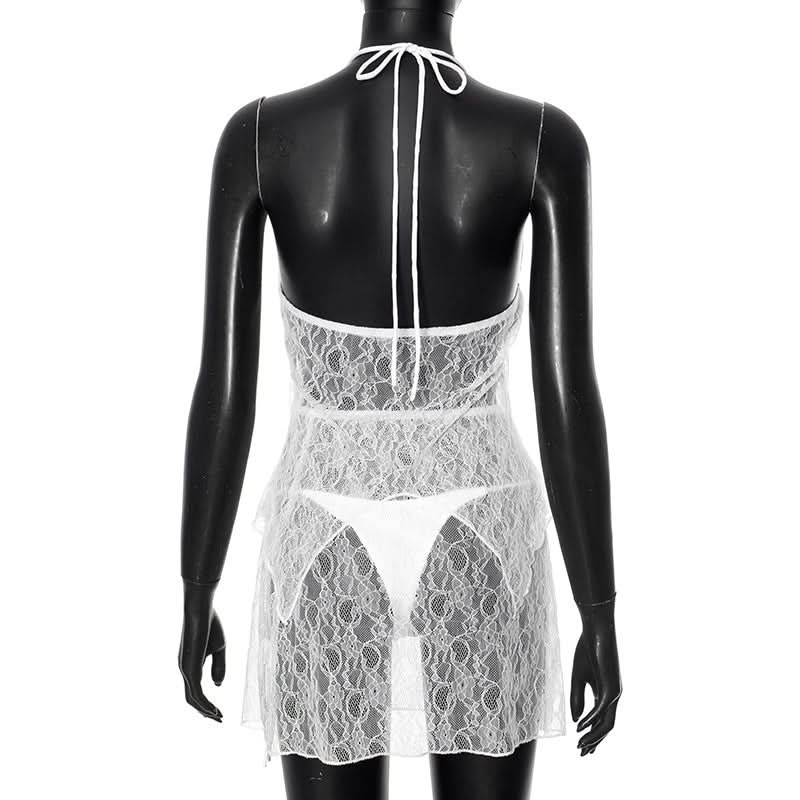 Self tie halter hollow out lace solid mini skirt set