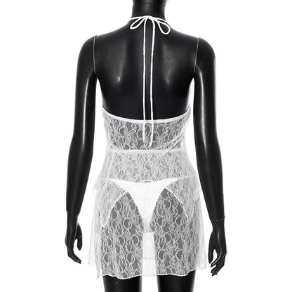 Self tie halter hollow out lace solid mini skirt set