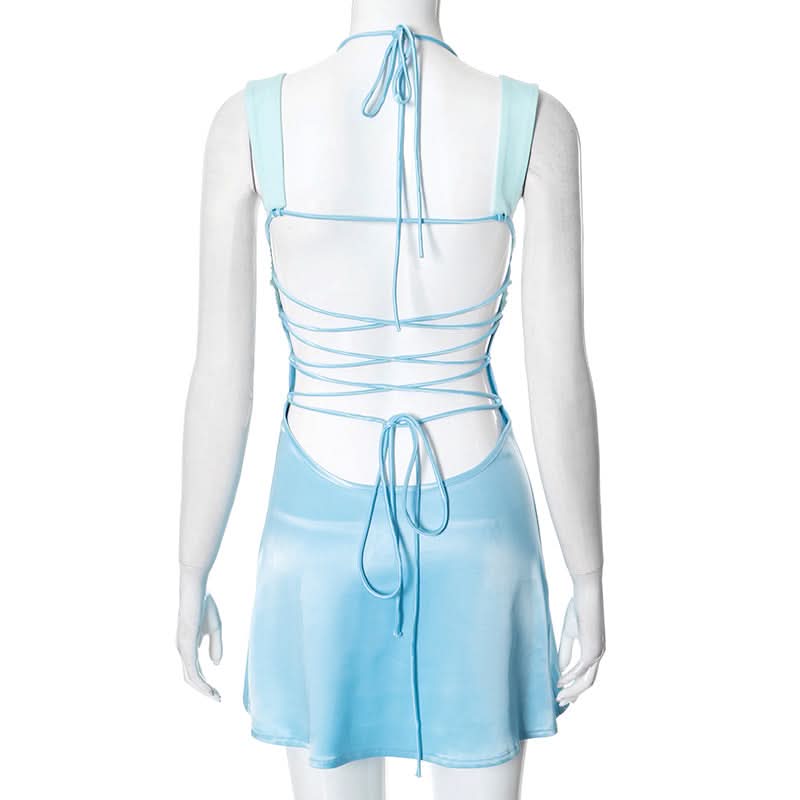 Ruched halter self tie v neck backless mini dress