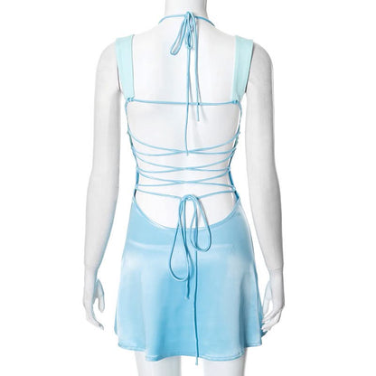 Ruched halter self tie v neck backless mini dress