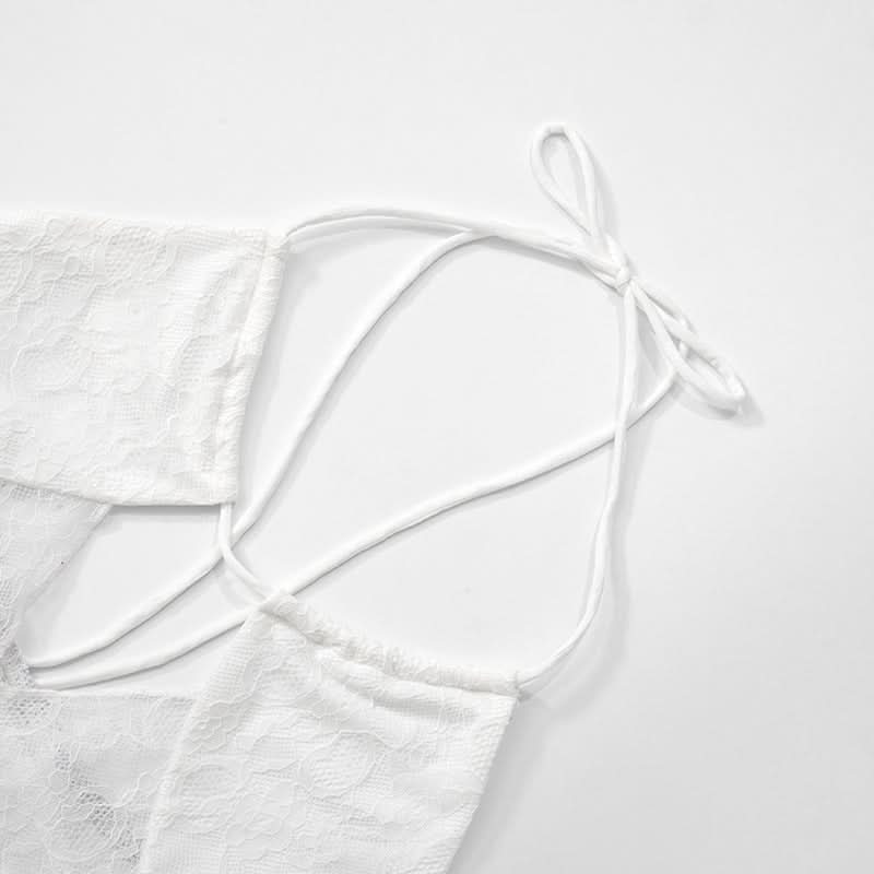 Self tie halter hollow out lace solid mini skirt set