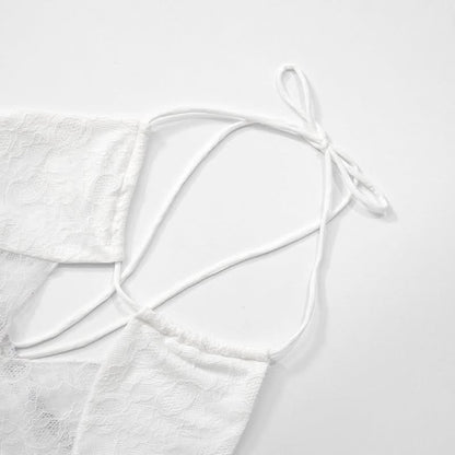 Self tie halter hollow out lace solid mini skirt set