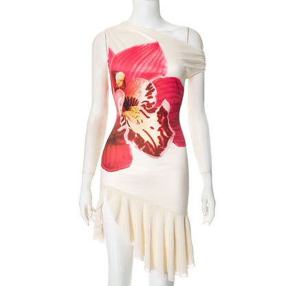 One shoulder irregular flower print mini dress