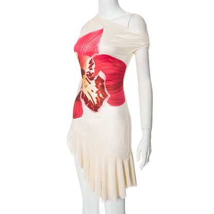 One shoulder irregular flower print mini dress