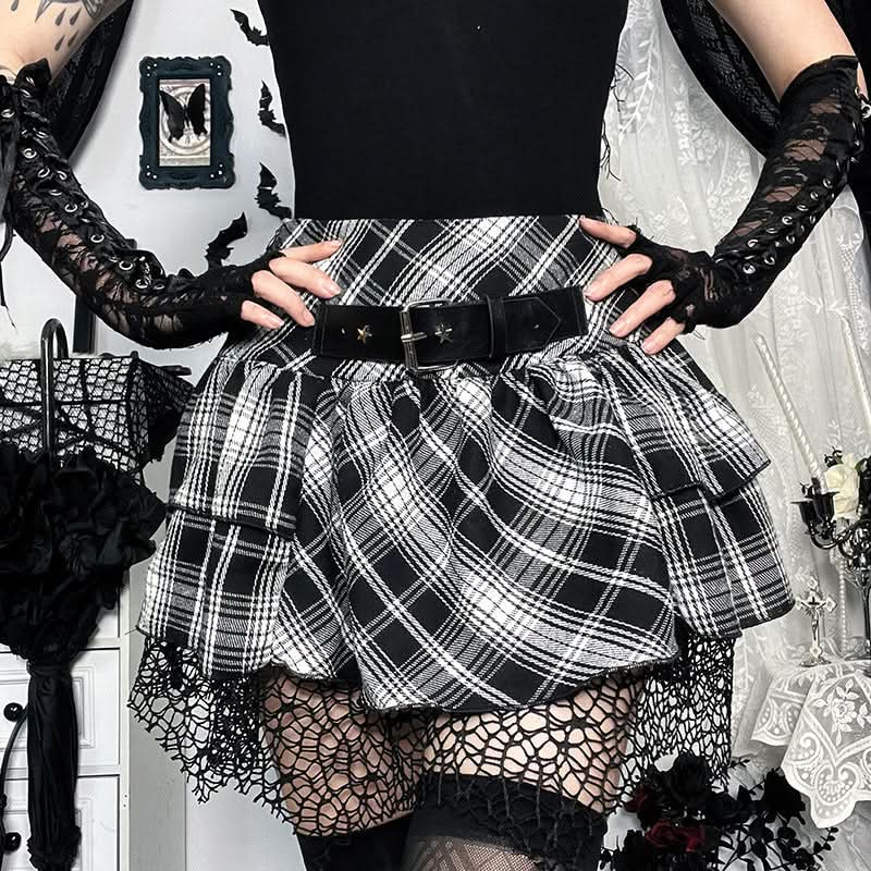 Plaid ruched hollow out buckle A line cut out mini skirt