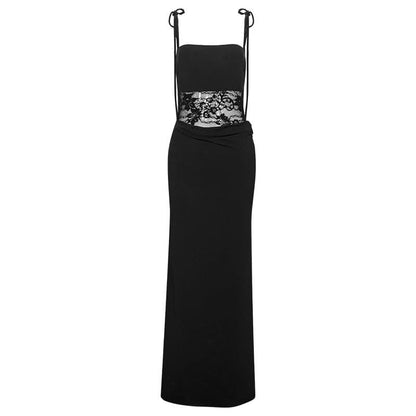 Lace square neck self tie solid cami maxi dress