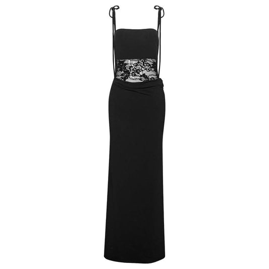 Lace square neck self tie solid cami maxi dress