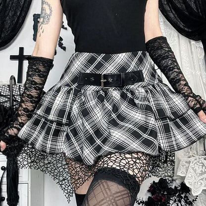 Plaid ruched hollow out buckle A line cut out mini skirt