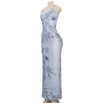 V neck flower print backless cami maxi dress