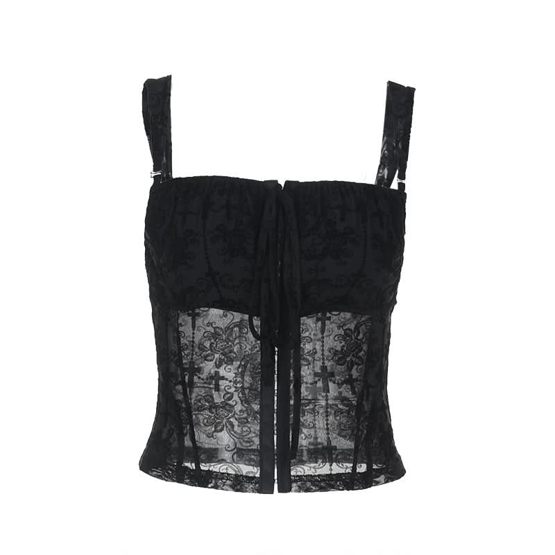 Square neck mesh button print cami top