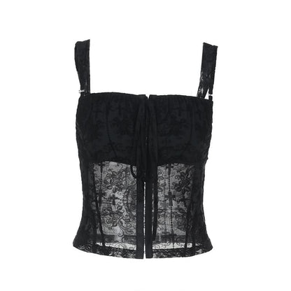 Square neck mesh button print cami top
