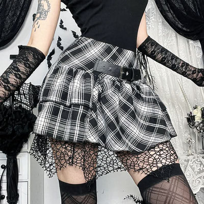 Plaid ruched hollow out buckle A line cut out mini skirt