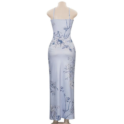 V neck flower print backless cami maxi dress