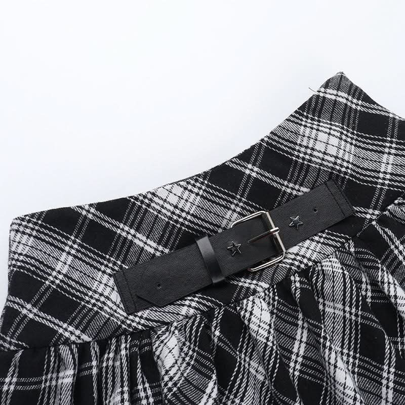 Plaid ruched hollow out buckle A line cut out mini skirt