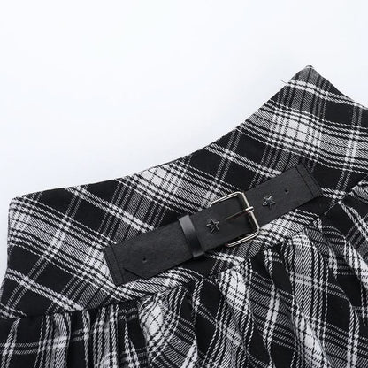 Plaid ruched hollow out buckle A line cut out mini skirt