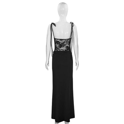 Lace square neck self tie solid cami maxi dress