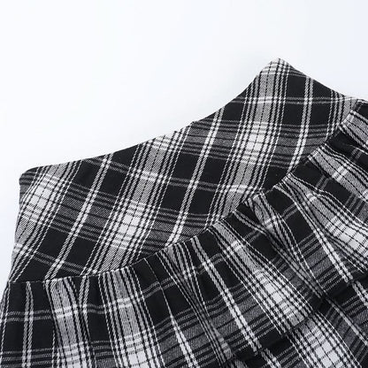 Plaid ruched hollow out buckle A line cut out mini skirt