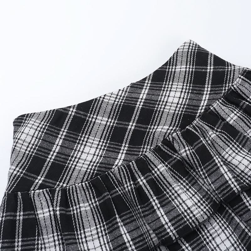 Plaid ruched hollow out buckle A line cut out mini skirt