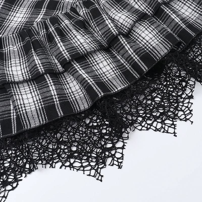 Plaid ruched hollow out buckle A line cut out mini skirt