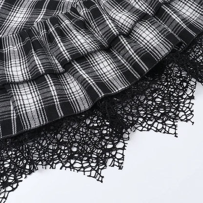 Plaid ruched hollow out buckle A line cut out mini skirt