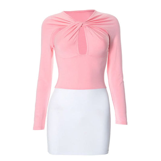 Hollow out long sleeve v neck cross front cut out mini dress