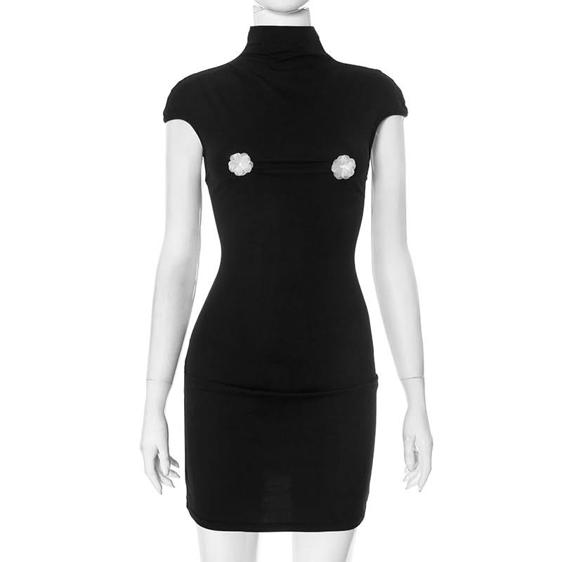 High neck flower applique cap sleeve mini dress