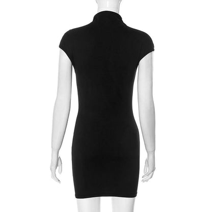 High neck flower applique cap sleeve mini dress
