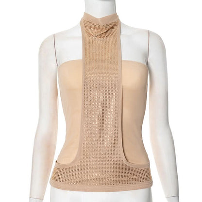 Halter self tie beaded backless solid top