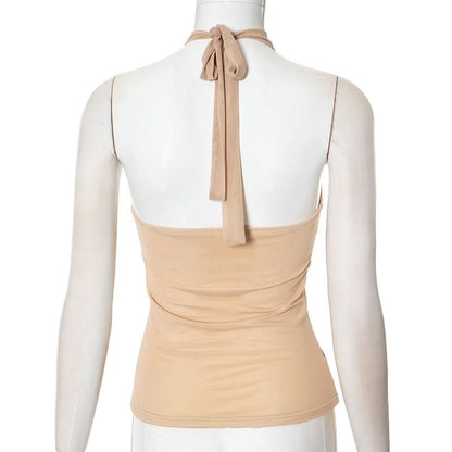 Halter self tie beaded backless solid top