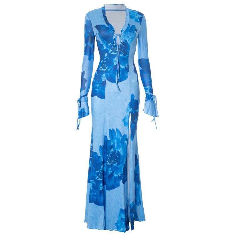 Slit v neck self tie long flared sleeve print maxi dress