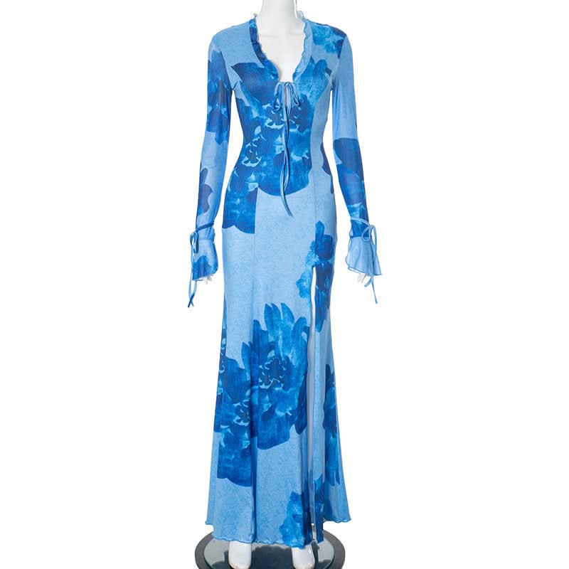 Slit v neck self tie long flared sleeve print maxi dress