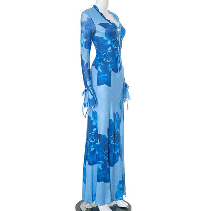 Slit v neck self tie long flared sleeve print maxi dress