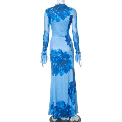 Slit v neck self tie long flared sleeve print maxi dress