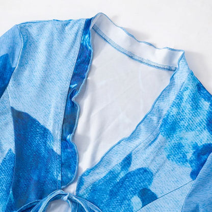 Slit v neck self tie long flared sleeve print maxi dress