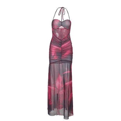 Ruched mesh print halter self tie maxi dress