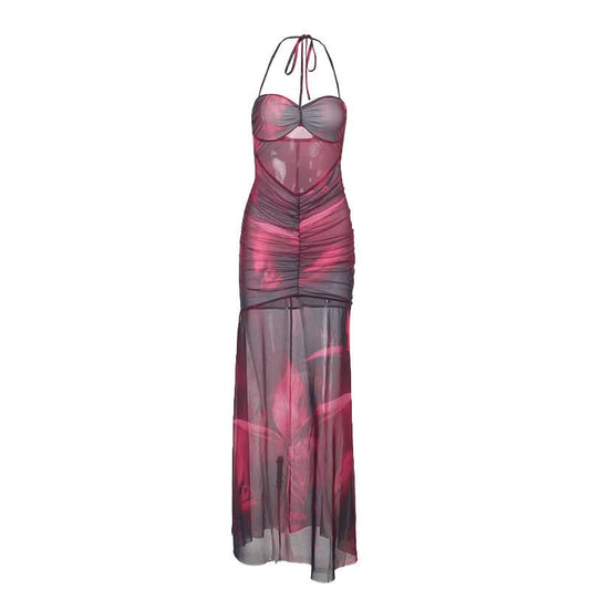 Ruched mesh print halter self tie maxi dress