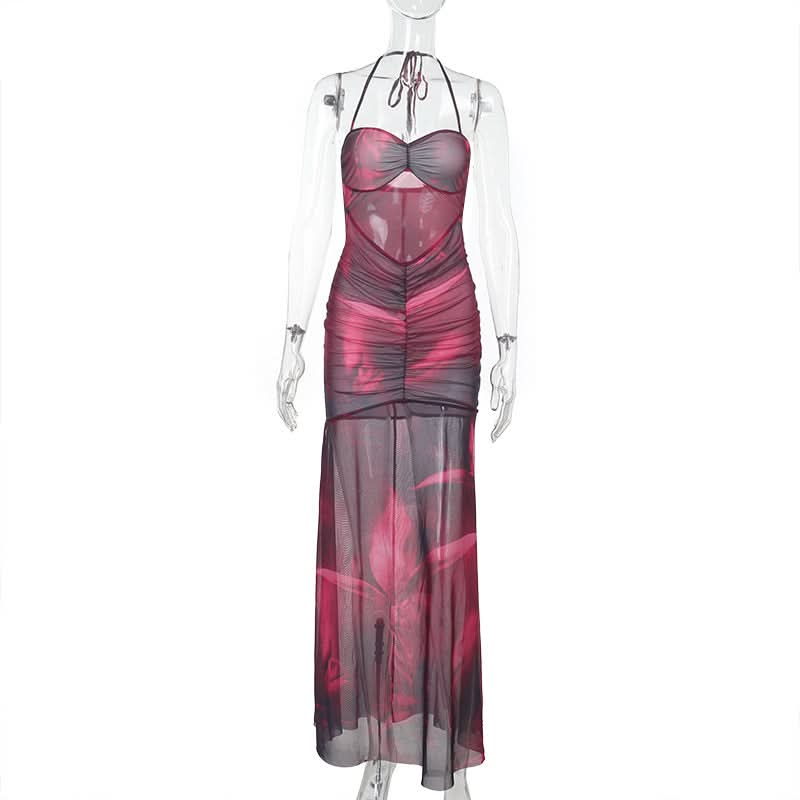 Ruched mesh print halter self tie maxi dress