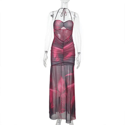 Ruched mesh print halter self tie maxi dress