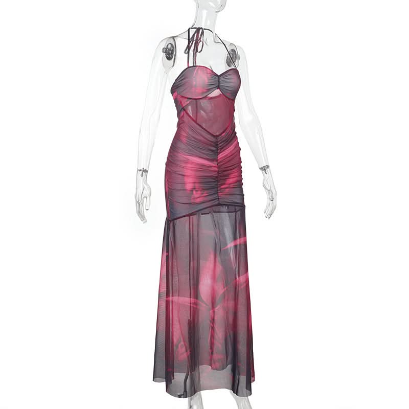 Ruched mesh print halter self tie maxi dress