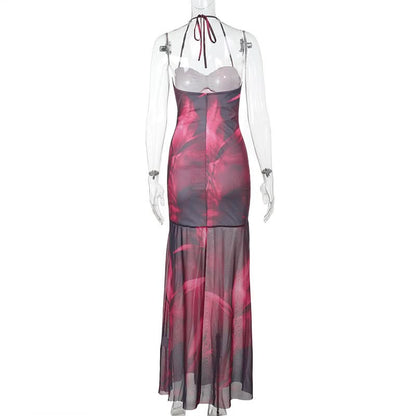 Ruched mesh print halter self tie maxi dress