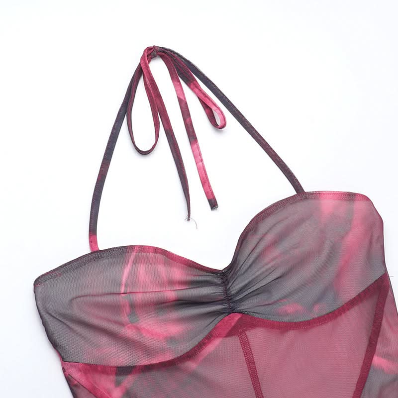 Ruched mesh print halter self tie maxi dress