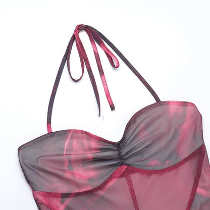 Ruched mesh print halter self tie maxi dress