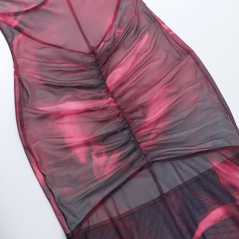 Ruched mesh print halter self tie maxi dress