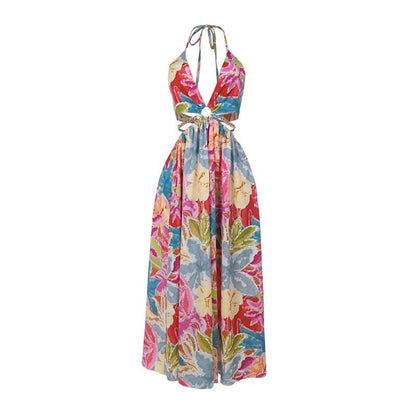 Metal chain hollow out v neck halter print cut out maxi dress