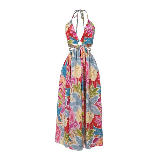 Metal chain hollow out v neck halter print cut out maxi dress