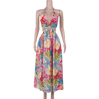Metal chain hollow out v neck halter print cut out maxi dress