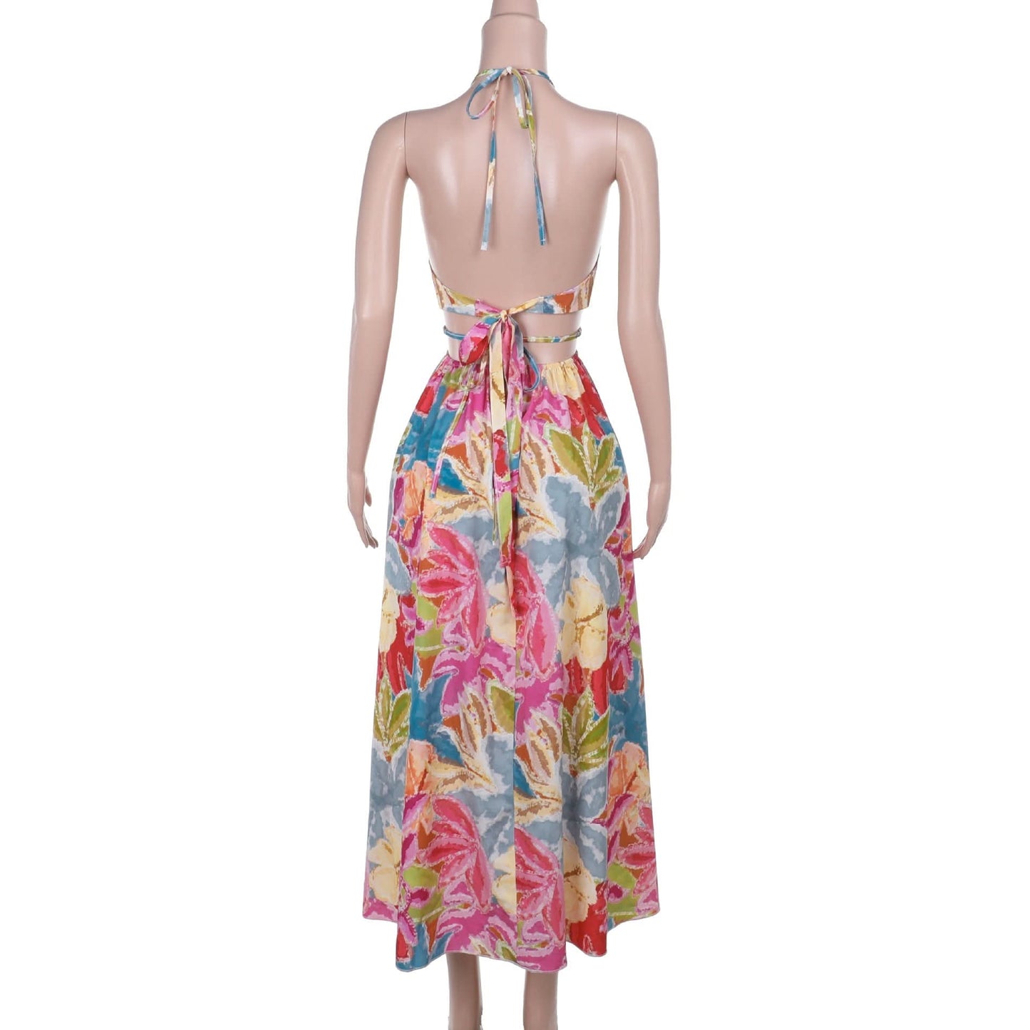 Metal chain hollow out v neck halter print cut out maxi dress