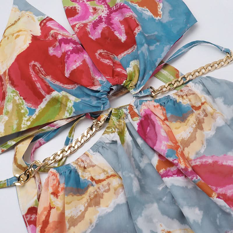 Metal chain hollow out v neck halter print cut out maxi dress