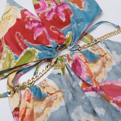 Metal chain hollow out v neck halter print cut out maxi dress