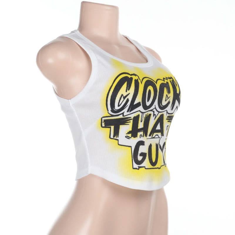 Ribbed round neck letter print contrast crop top